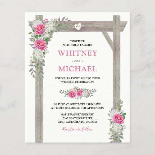 Budget Rustic Arch Pink Floral Wedding Invitation - Budget wedding invitations featuring a simple white background that can be changed to any color, a stylish pink & white watercolor floral display on a rustic wooden wedding arch, a carved heart with the couples initials, and a editable elegant wedding template.