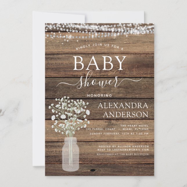 Budget Rustic Baby Shower Jar Lights Farmhouse Invitation (Front)