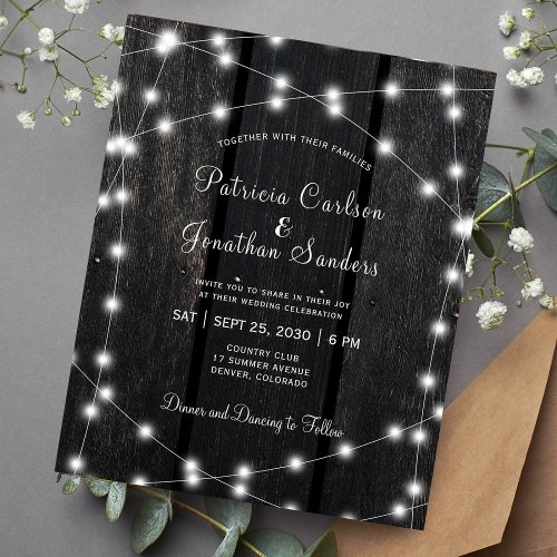 Budget rustic barn wood lights wedding invitation