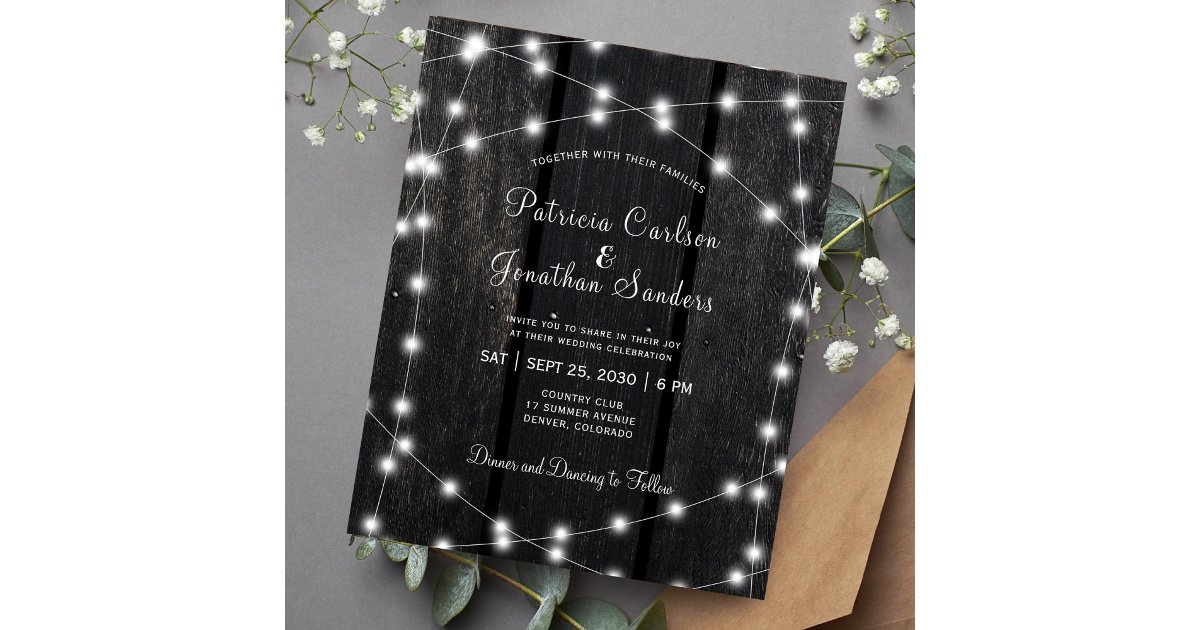 Budget rustic barn wood lights wedding invitation | Zazzle