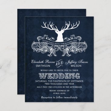 Budget Rustic Blue Antlers Deer Wedding Invitation