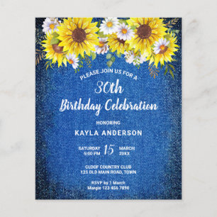 Budget rustic blue denim sunflowers invitation