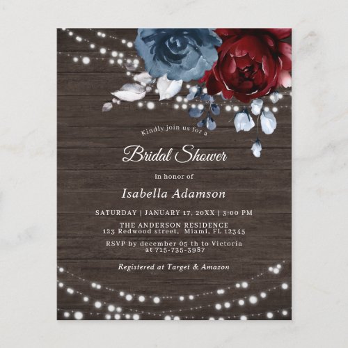 Budget Rustic Blue Floral Bridal Shower Invitation