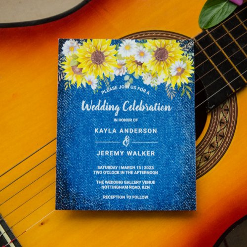 Budget rustic blue sunflowers wedding invite