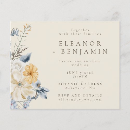 Budget Rustic Blue Yellow Floral Wedding Invite