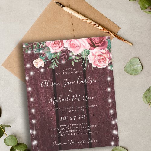 Budget rustic blush burgundy wedding invitation