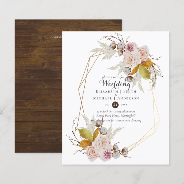 Budget Rustic  Blush Pink Floral Wedding Invites (Front/Back)