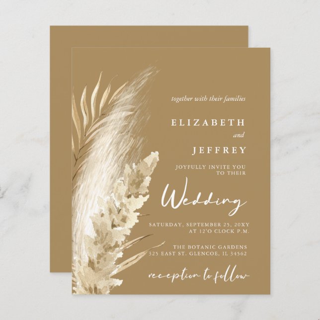Budget Rustic Boho Pampas Wedding Invitation (Front/Back)