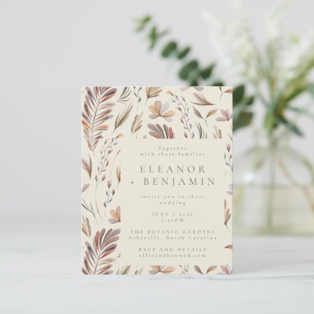 Budget Rustic Botanical Earth Tones Wedding Invite (Standing Front)
