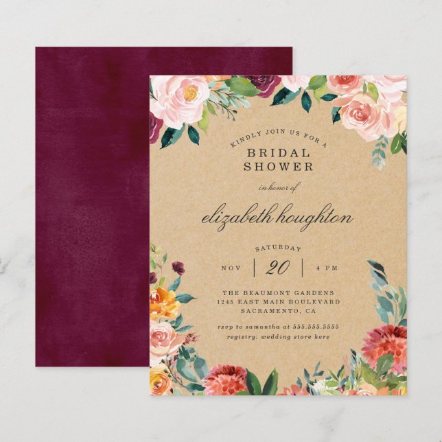 Budget Rustic Burgundy Blush Floral Bridal Shower (Front/Back)