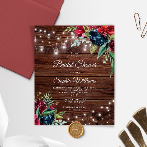 Budget Rustic Burgundy Bridal Shower Invitation