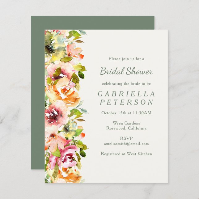 Budget Rustic Burgundy Floral Bridal Shower Invite (Front/Back)