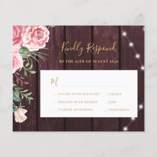 Budget rustic burgundy wood wedding rsvp card