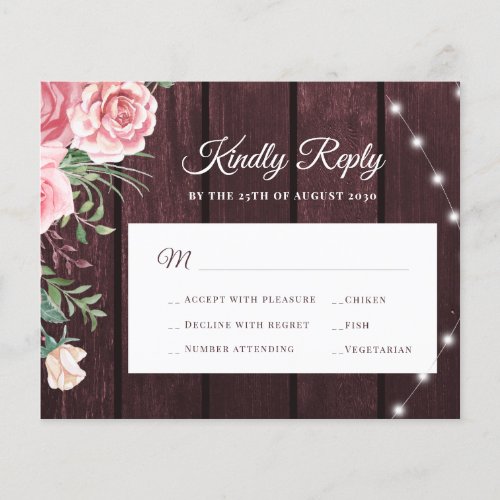 Budget rustic burgundy wood wedding RSVP card