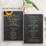 BUDGET Rustic country sunflower wedding program Flyer<br><div class="desc">Elegant country rustic wedding ceremony and party budget affordable program template featuring two beautiful yellow orange sunflowers and a faux gold and white chic calligraphy script on a dark grey charcoal chalkboard background. Personalize it with your details! Suitable for garden rustic country summer or autumn fall backyard outdoor weddings. PLEASE...</div>