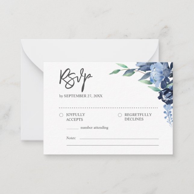 BUDGET Rustic Elegant Dusty Blue Flowers RSVP Note Card (Front)