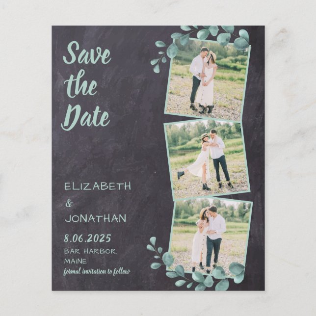 Budget Rustic Eucalyptus 3 Photo Save The Date (Front)