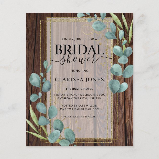 BUDGET Rustic Eucalyptus Gold Bridal Shower  (Front)