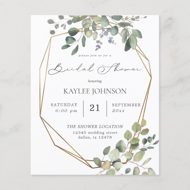 Budget Rustic Eucalyptus & Gold Bridal Shower Flyer (Front)