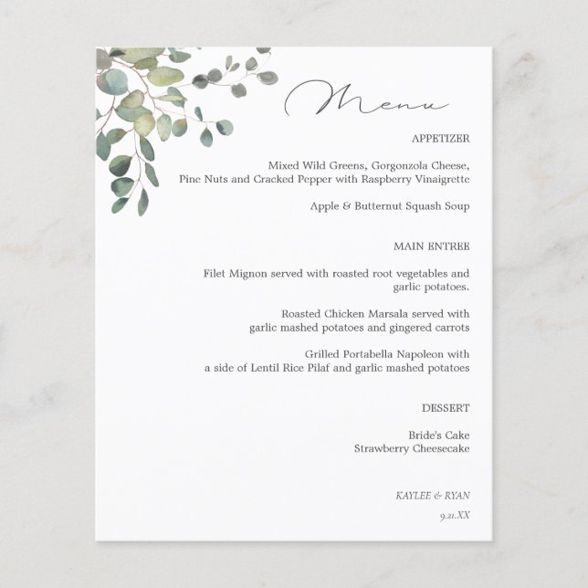 Budget Rustic Eucalyptus Menu Flyer (Front)