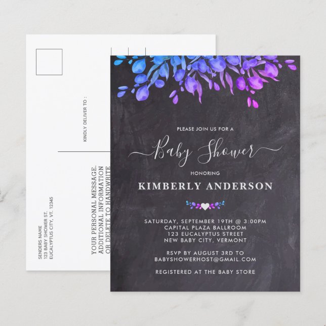 Budget Rustic Eucalyptus Purple Baby Shower Invite (Front/Back)