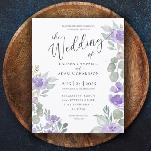 Budget Rustic Eucalyptus Purple Wedding Invitation