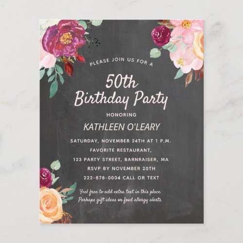 Budget Rustic Fall Floral Chalkboard 50th Birthday