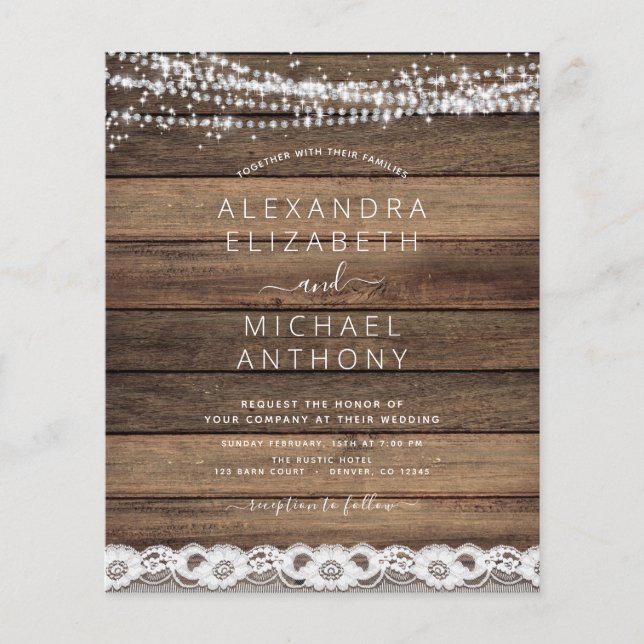 Budget Rustic Farmhouse String Lights Lace Wedding Flyer (Front)