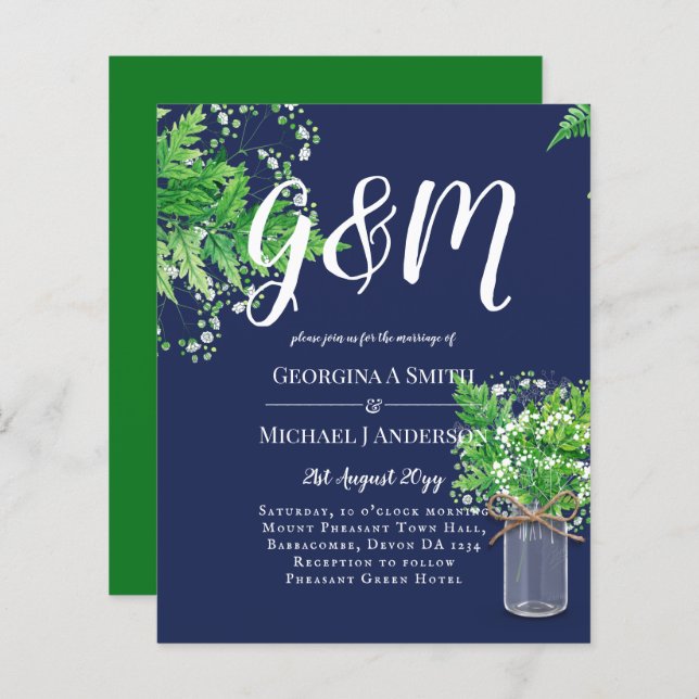 BUDGET Rustic Ferns Greenery Blue Wedding Invite (Front/Back)