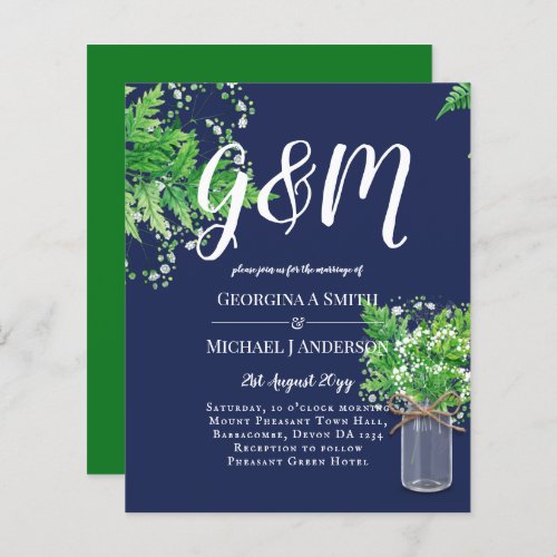 BUDGET Rustic Ferns Greenery Blue Wedding Invite