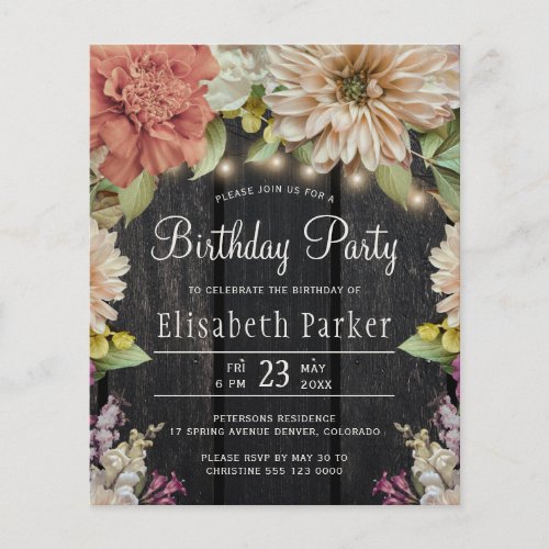 Budget rustic floral birthday party invitation