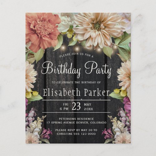 Budget rustic floral birthday party invitation flyer