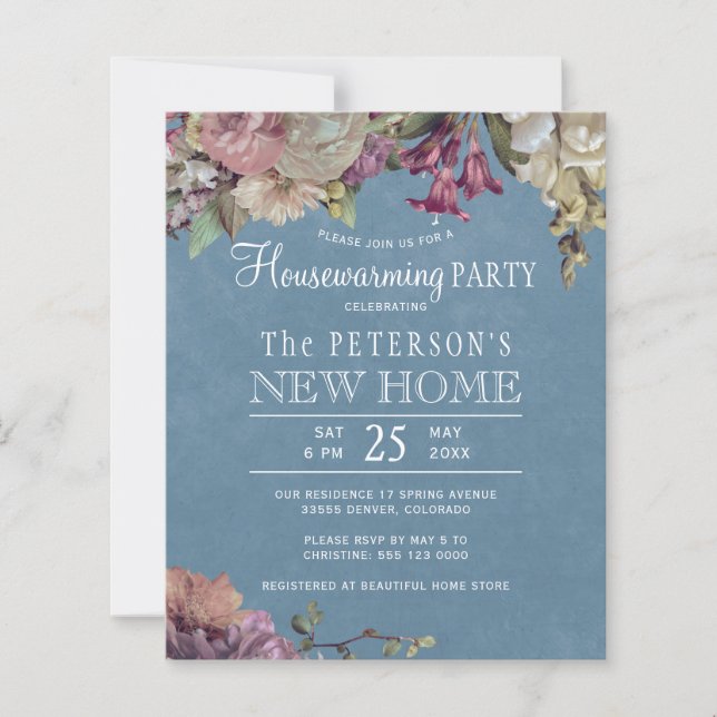 Budget rustic floral housewarming party invitation (Front)
