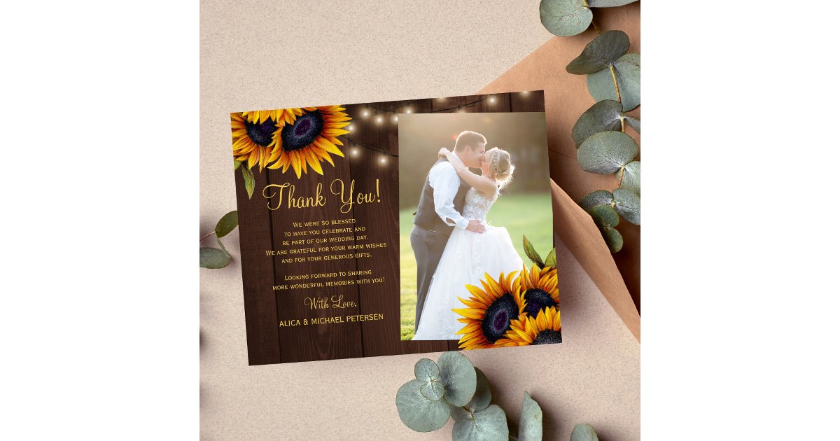 Budget rustic floral photo wedding thank you card | Zazzle