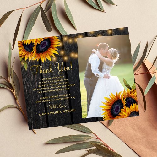 Budget rustic floral photo wedding thank you card