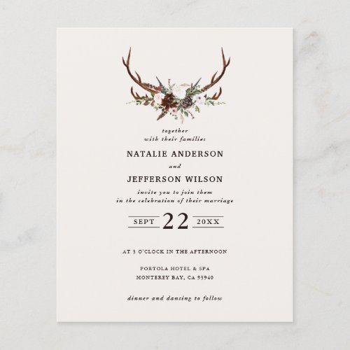 budget Rustic floral stag antlers wedding invite
