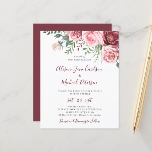 Budget rustic floral watercolor wedding invitation
