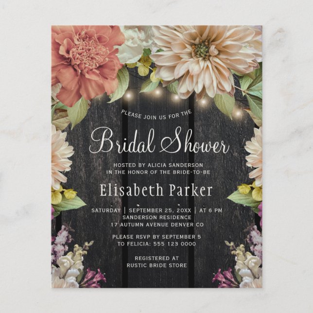 Budget rustic floral wood bridal shower invitation (Front)