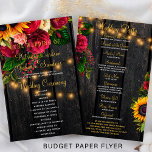 Budget rustic floral wood lights wedding program  flyer<br><div class="desc">Elegant rustic budget wedding ceremony and party program PAPER FLYER (advertising type paper) template featuring beautiful bright yellow orange sunflowers and red burgundy marsala roses flower bouquets with strings of twinkle lights on a country style dark brown wooden background. Personalize it with your your details. Suitable for rustic country vintage...</div>