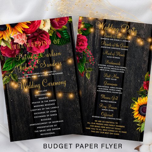 Budget rustic floral wood lights wedding program  flyer
