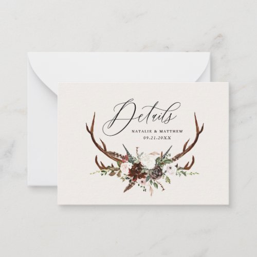 budget Rustic foliage floral stag wedding details  Note Card