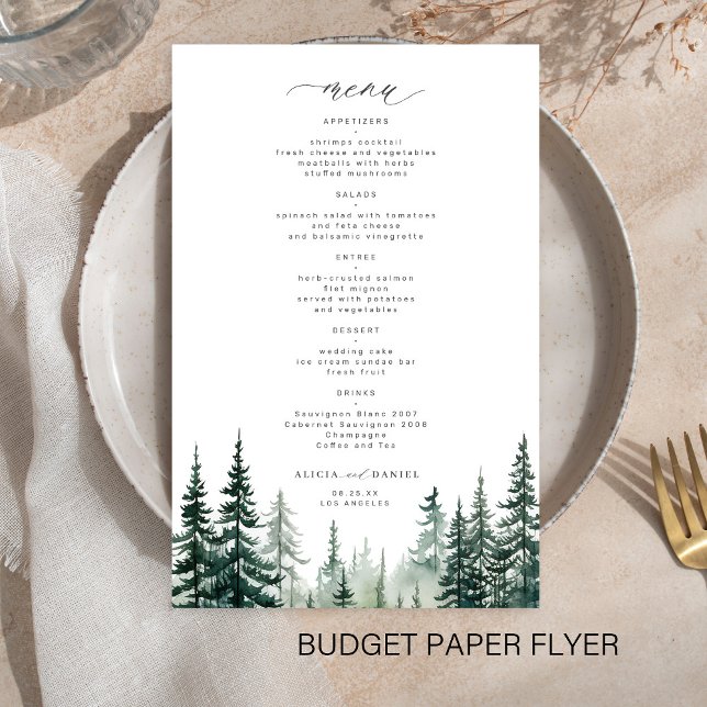 Budget rustic forest pine trees wedding menu  flyer (Creator Uploaded)