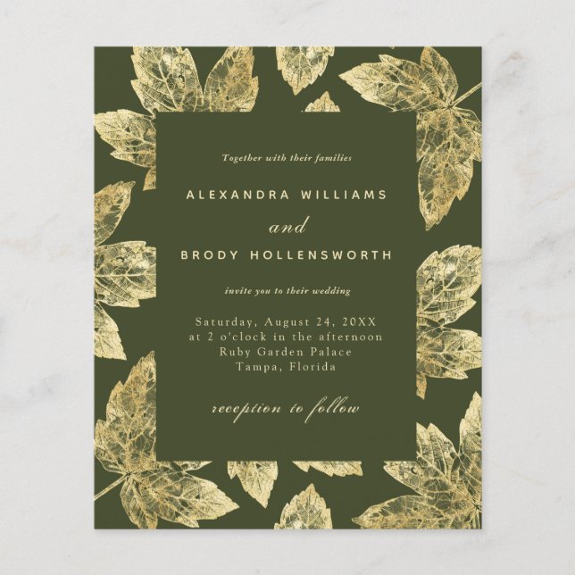 Budget Rustic Green and Gold Leaves Wedding Invite (Front)