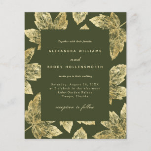 Budget Rustic Green and Gold Leaves Wedding Invite