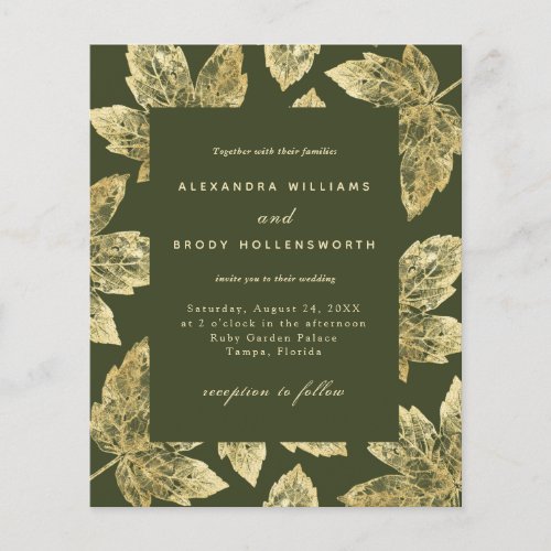 Budget Rustic Green and Gold Leaves Wedding Invite