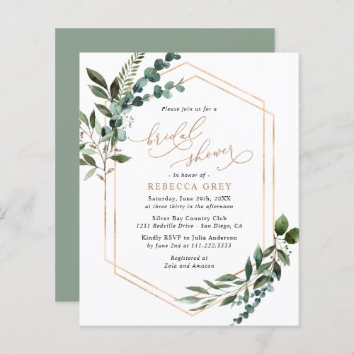 Budget Rustic Greenery Bridal Shower Invitation - This elegant Rustic Greenery Gold collection features mixed watercolor greenery leaves with a gold geometric frame paired with a classy serif font in black & gold. Matching items available.