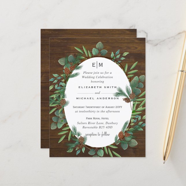 Budget Rustic Greenery Woodland Wedding Invites (Front/Back In Situ)