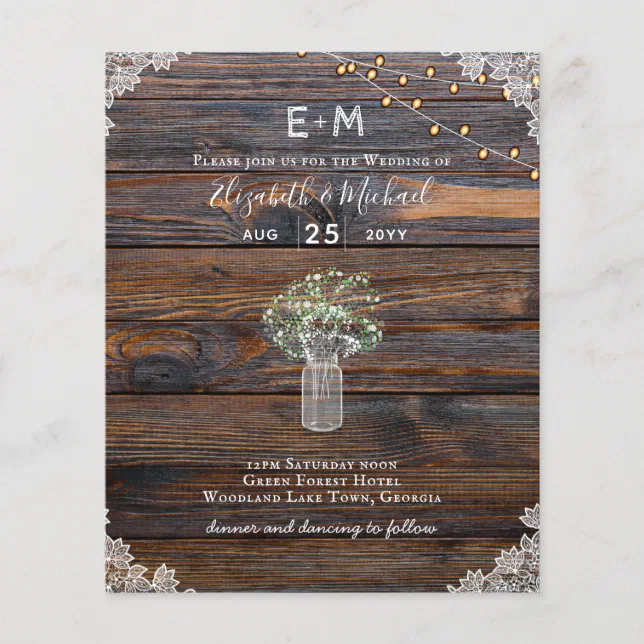 BUDGET Rustic Gypsophila Lights Mason Jars Invite | Zazzle