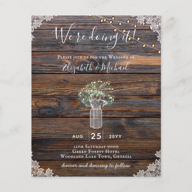 BUDGET Rustic Gypsophila Lights Mason Jars Invite (Front)