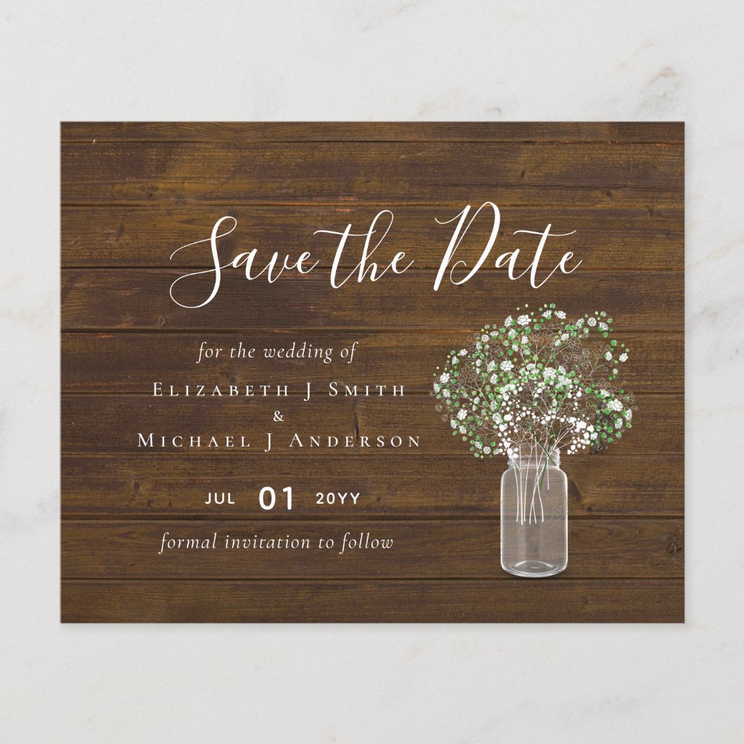 Budget Rustic Gypsophila Mason Jar Save the Dates | Zazzle